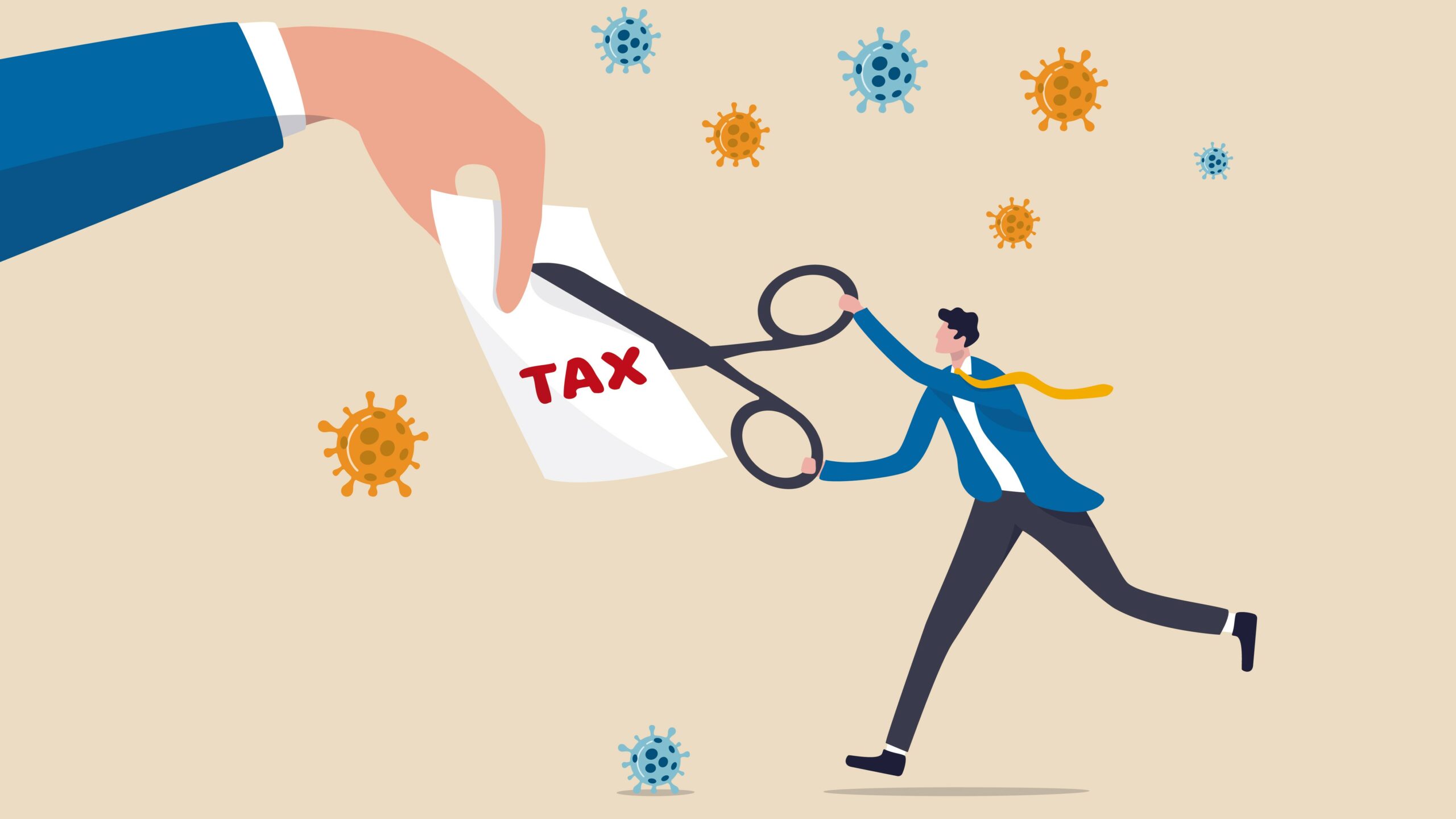 cartoon of man running with scissors to cut tax bill in half, reduce business rates concept
