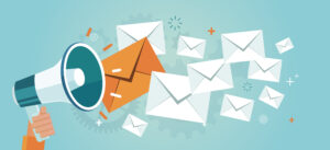 loudhailer with email envelope icons, newsletter concept