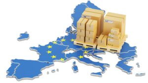3D illustration of European Union footprint with toy packing crates, import EU concept