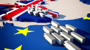 3D graphic of lorries queuing either side of English Channel, EU import changes concept