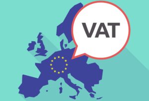 Europe map with EU symbol superimposed over continent and speech bubble saying 'VAT'