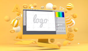 The word logo on a jumping computer monitor, yellow background with icons, small business logos concept