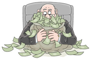 Businessman hugging pile of cash, Covid grants concept