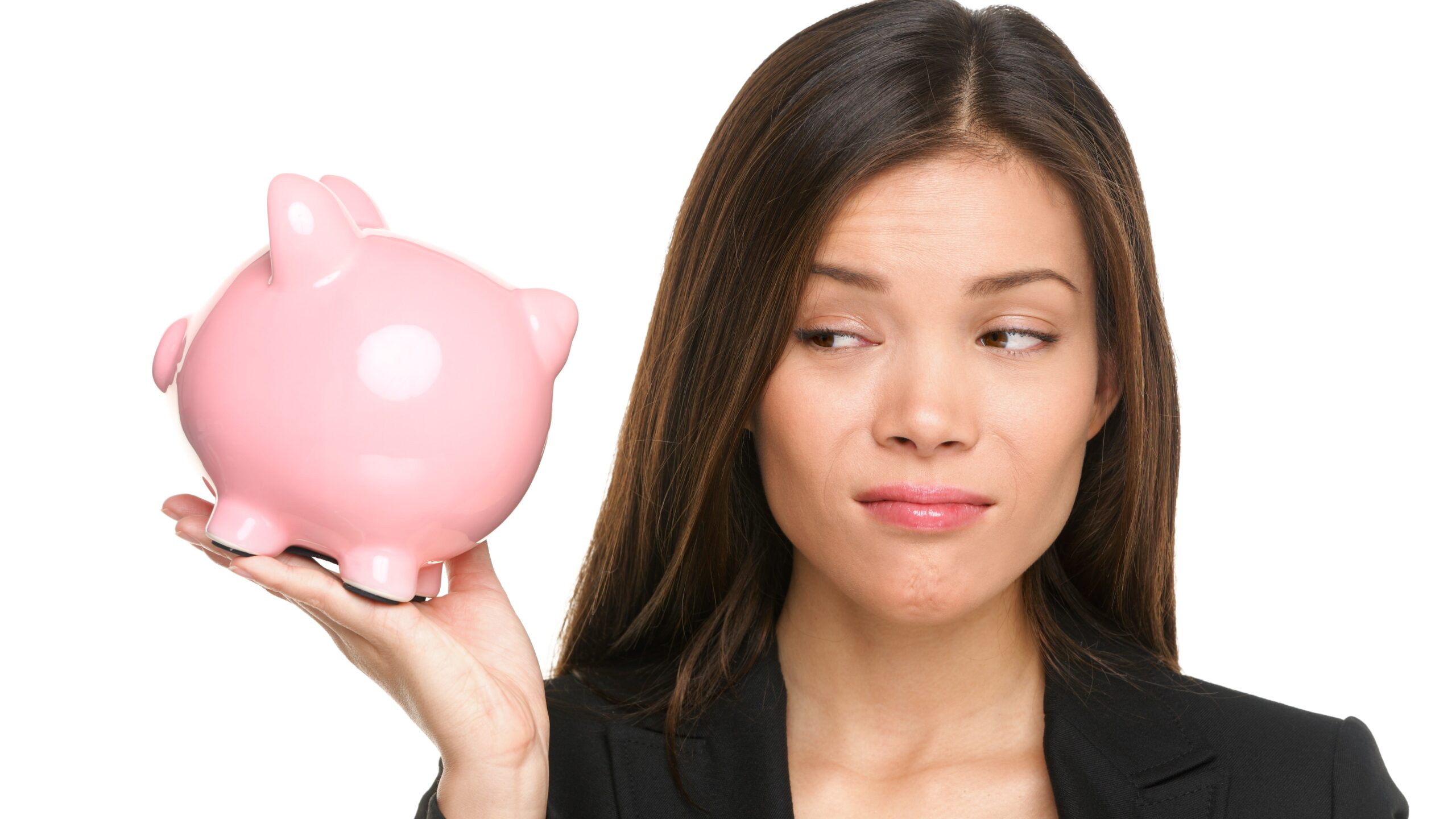 Woman looking unamused at piggy bank, bounce back loan concept