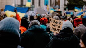 Anti-war protestors in Vienna, Austria February 2022, Russia trade concept