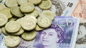 twenty pound notes, ten pound notes, pound coins, £2bn recovery loan scheme concept