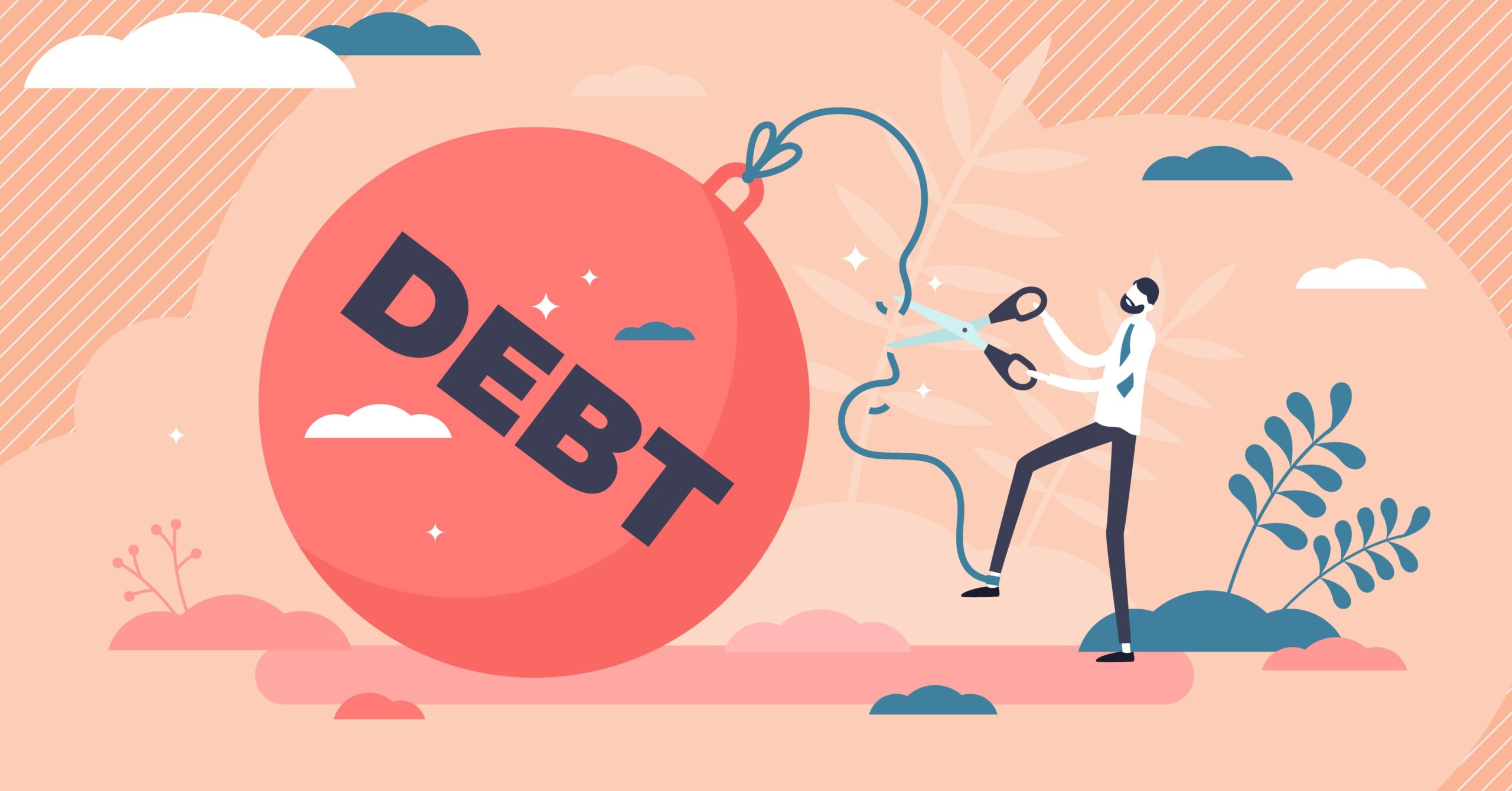 Cartoon man snipping debt ball and chain, company voluntary arrangements concept