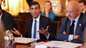 Chancellor Rishi Sunak flanked by Education Secretary Nadhim Zahawi at Prime Minister's Business Council in Downing Street on 5 May 2022, emergency Budget