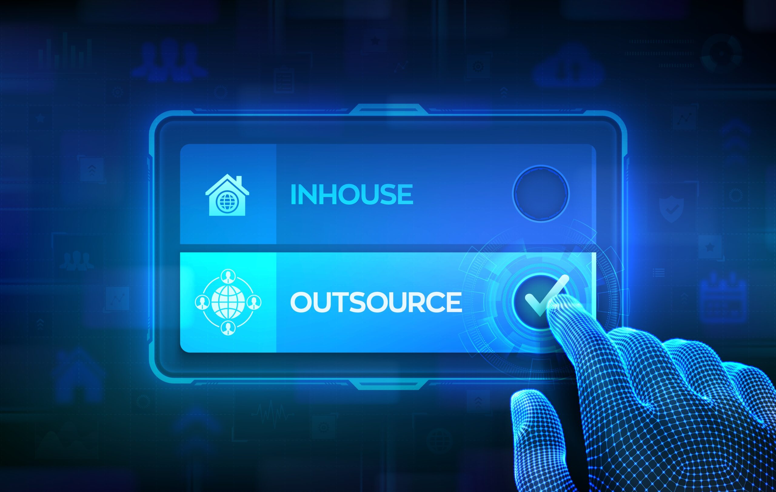 Computerized finger pressing Outsource button on screen, inhouse HR concept