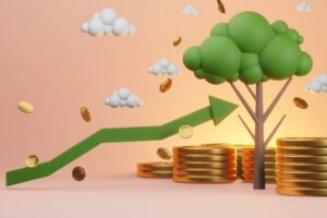 3D illustration of green vector and tree and gold coins, cashflow concept