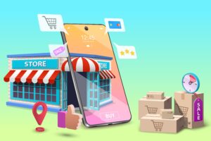 Illustration showing physical store and smartphone, sales concept