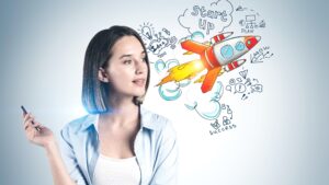 Thoughtful young woman with rocket ship cartoon, small business startup funding concept