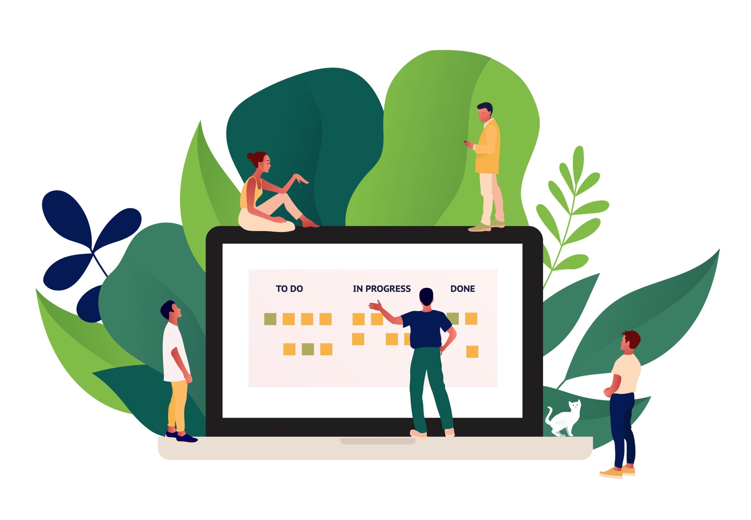 cartoon showing people clustered around a graphic of an online whiteboard x online whiteboards