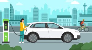 Illustration of woman charging electric car.