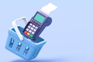 Cartoon of payment device in shopping basket