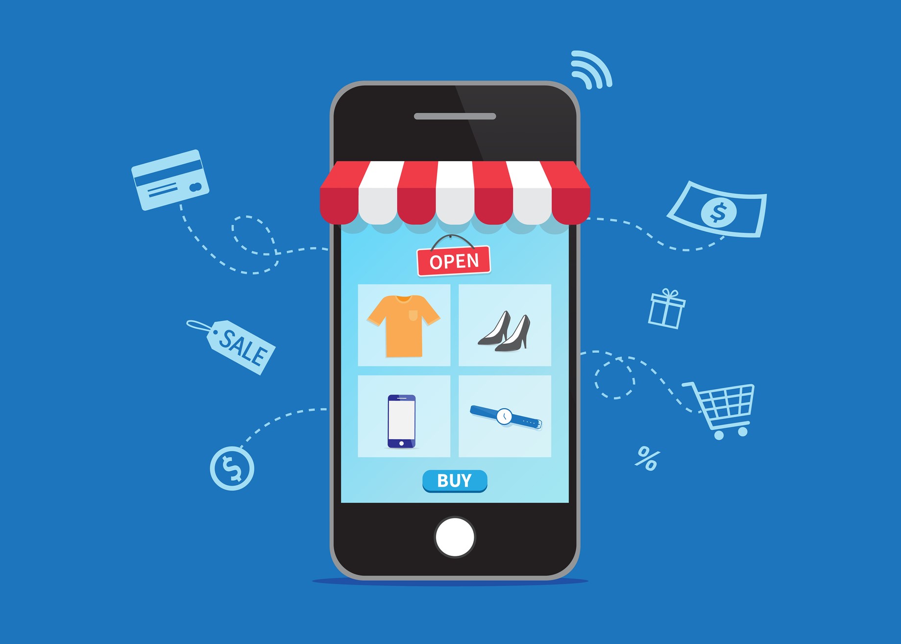 Graphic of smartphone with ecommerce symbols, customer experience concept