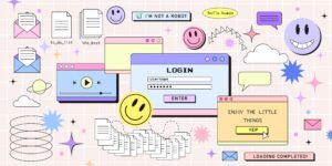 Retro browser computer window in 90s vaporwave style with smile face hipster stickers, website concept