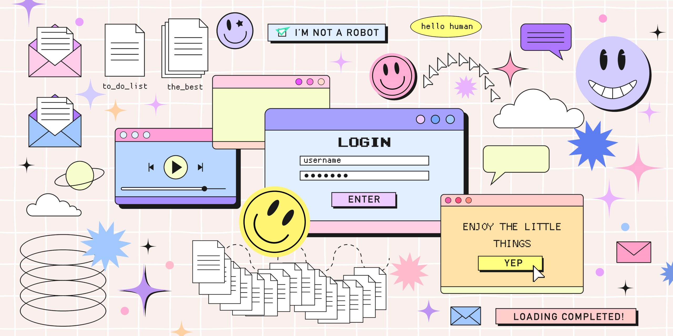Retro browser computer window in 90s vaporwave style with smile face hipster stickers, website concept