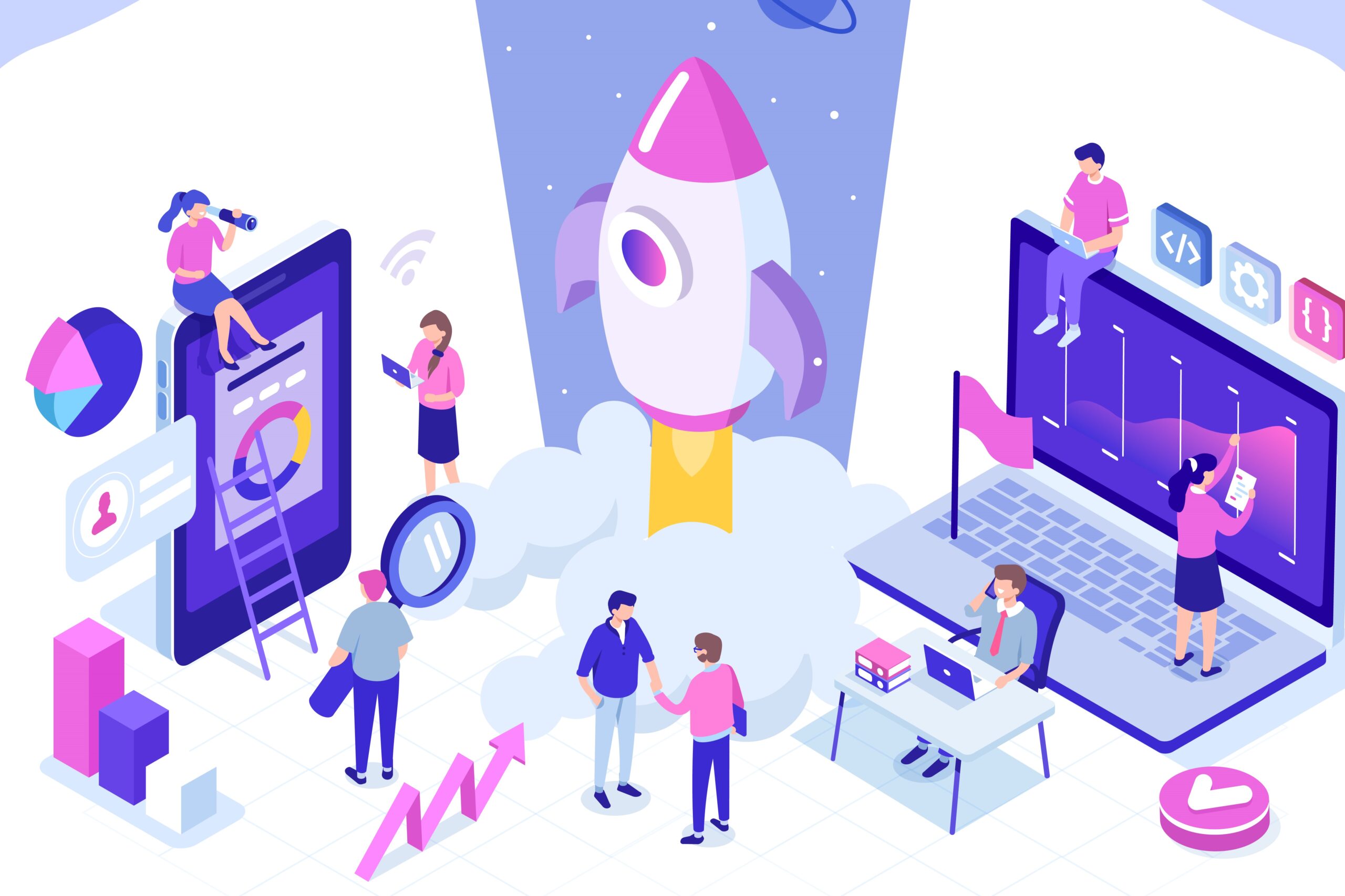 Marketing new business concept. Cartoon of rocket launch surrounded by office workers.