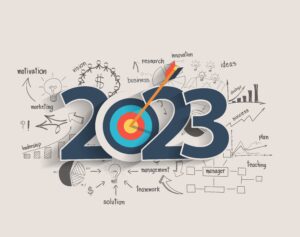 Marketing trends 2023 concept. Year 2023 with target and arrow hitting bullseye in numeral 0
