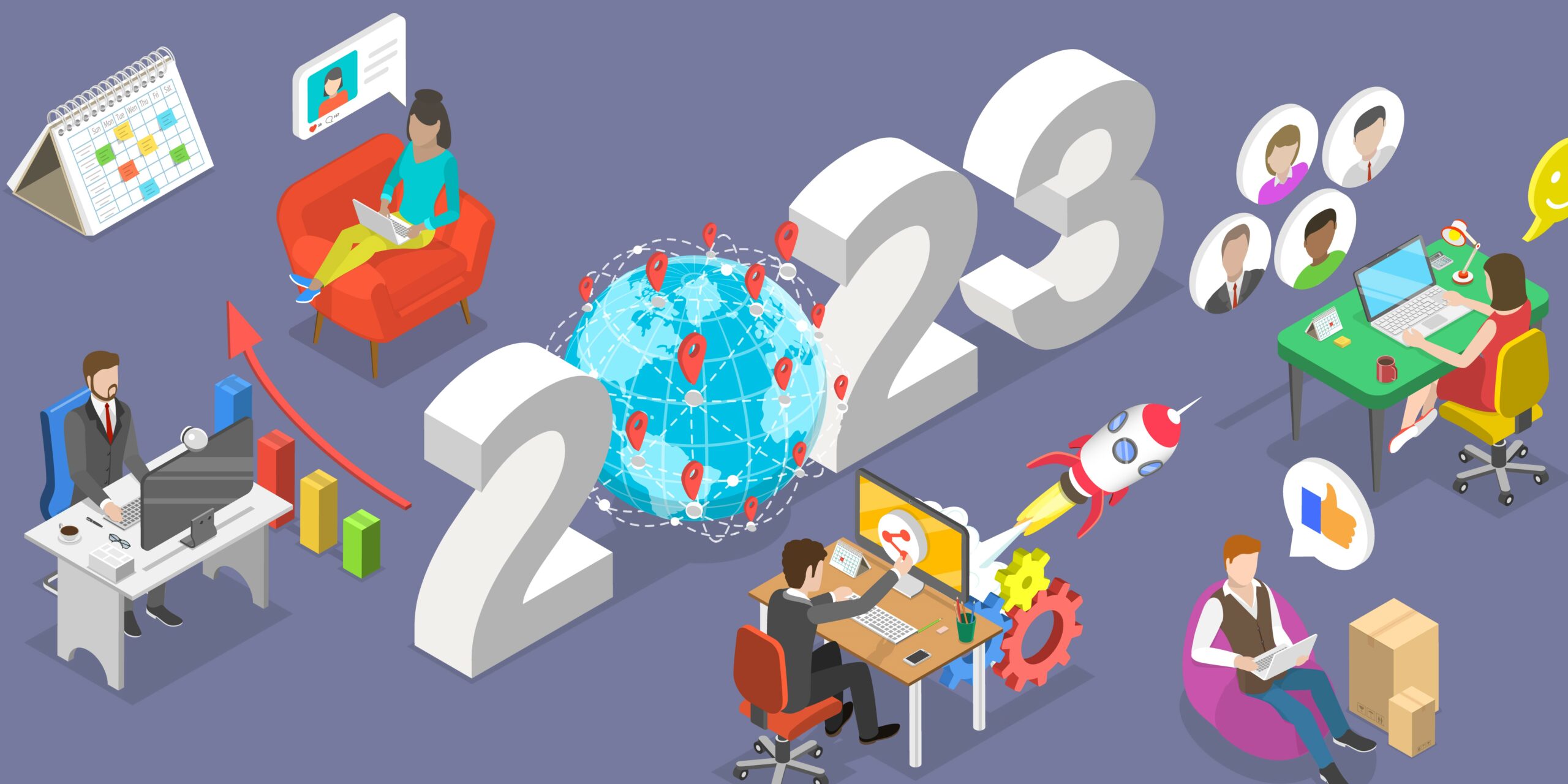 Employment law changes 2023 concept. Cartoon office workers around 3D 2023 sign