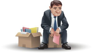 Fire and rehire concept. Cartoon of sad middle-aged male employee with office belongings in a cardboard box and holding pink slip.