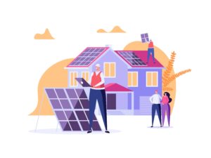 Solar panel grants cartoon. Solar panel being installed outside house by engineer with couple standing together