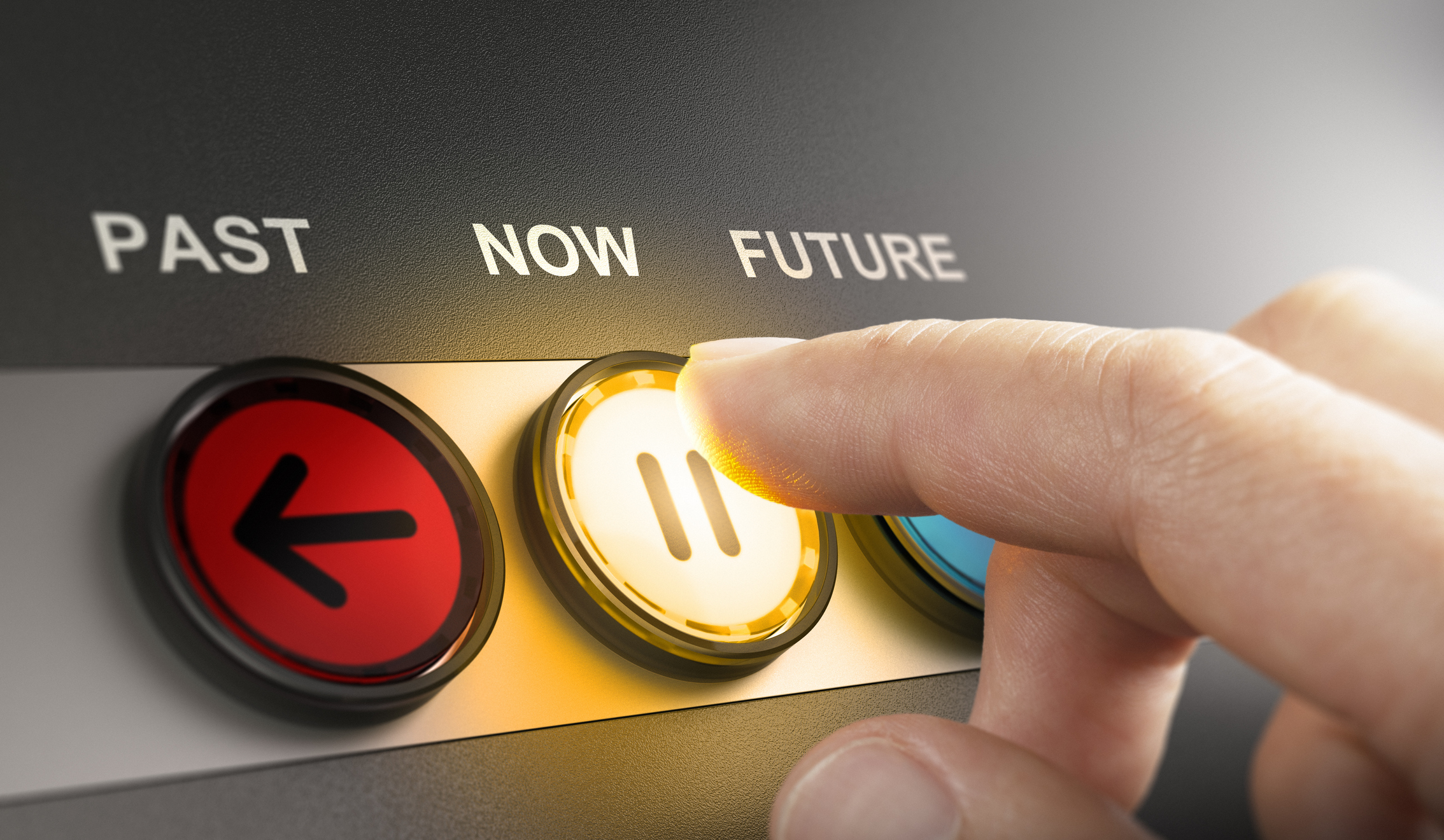 Investment concept. Finger hitting pause on dashboard also marked with past and future buttons