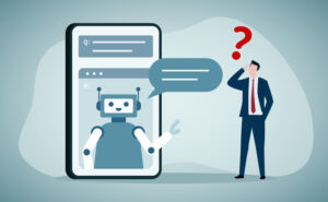 Artificial intelligence. Characters using AI technology for answering questions. Neural network and chat bot concept.