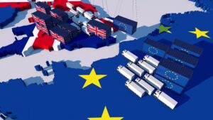 Trading EU concept. Illustration of queuing lorries on both sides of English Channel