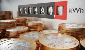 Energy giants lawsuit concept. Euro coins stacked up against electricity meter