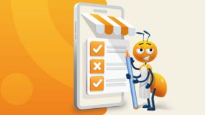 Quiz concept. Cartoon ant stands with pencil beside checklist