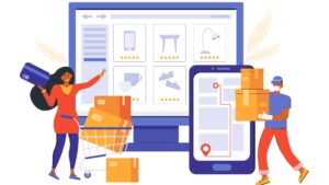 Shopify alternatives concept. Cartoon of figures standing in front of lifesize PC monitor and smartphone with e-commerce icons
