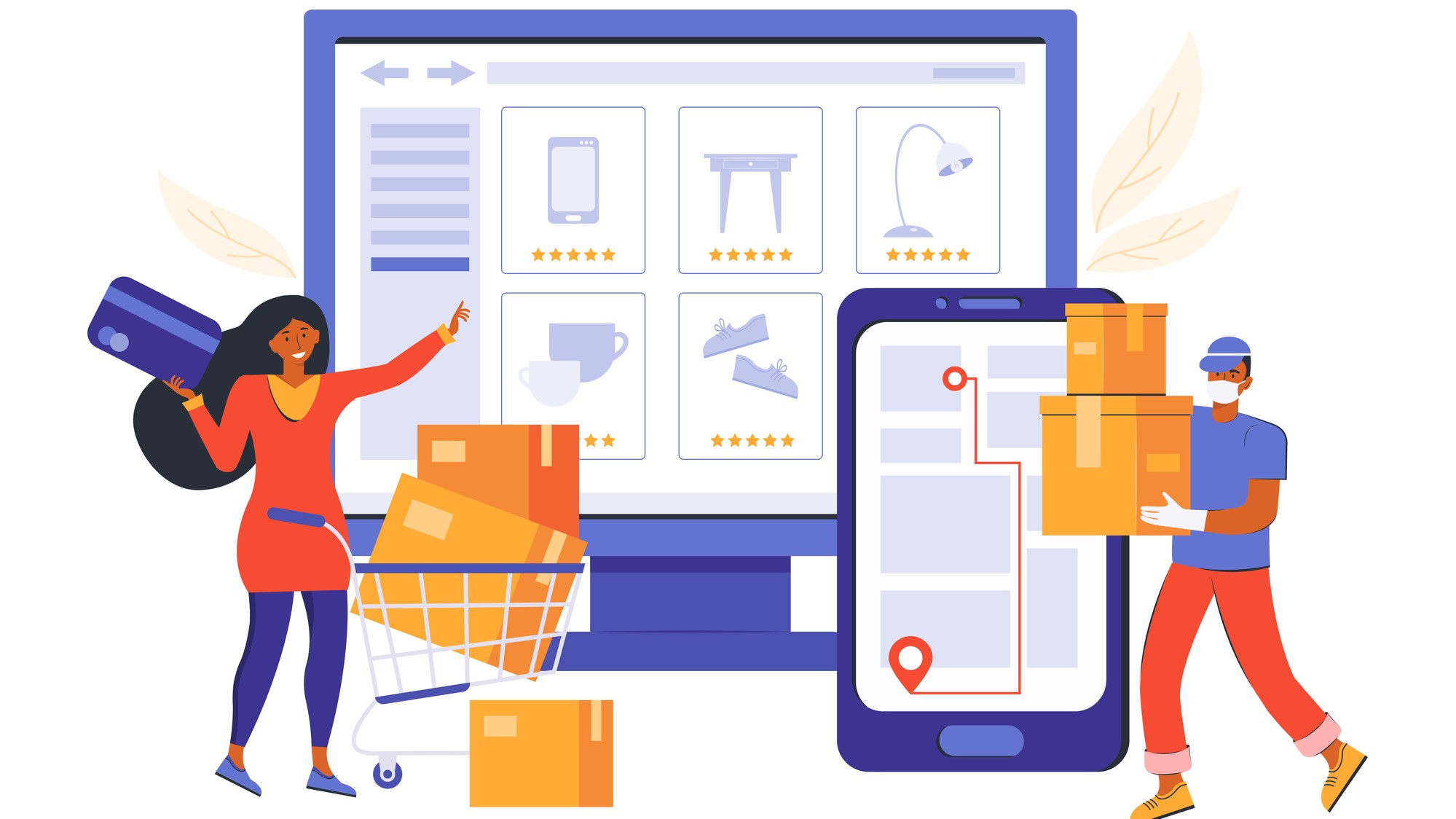 Shopify alternatives concept. Cartoon of figures standing in front of lifesize PC monitor and smartphone with e-commerce icons