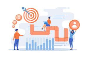 Sales reps and managers analyse sales pipeline. Sales pipeline management, representation of sales prospects, customer prospects lifecycle concept, flat vector modern illustration