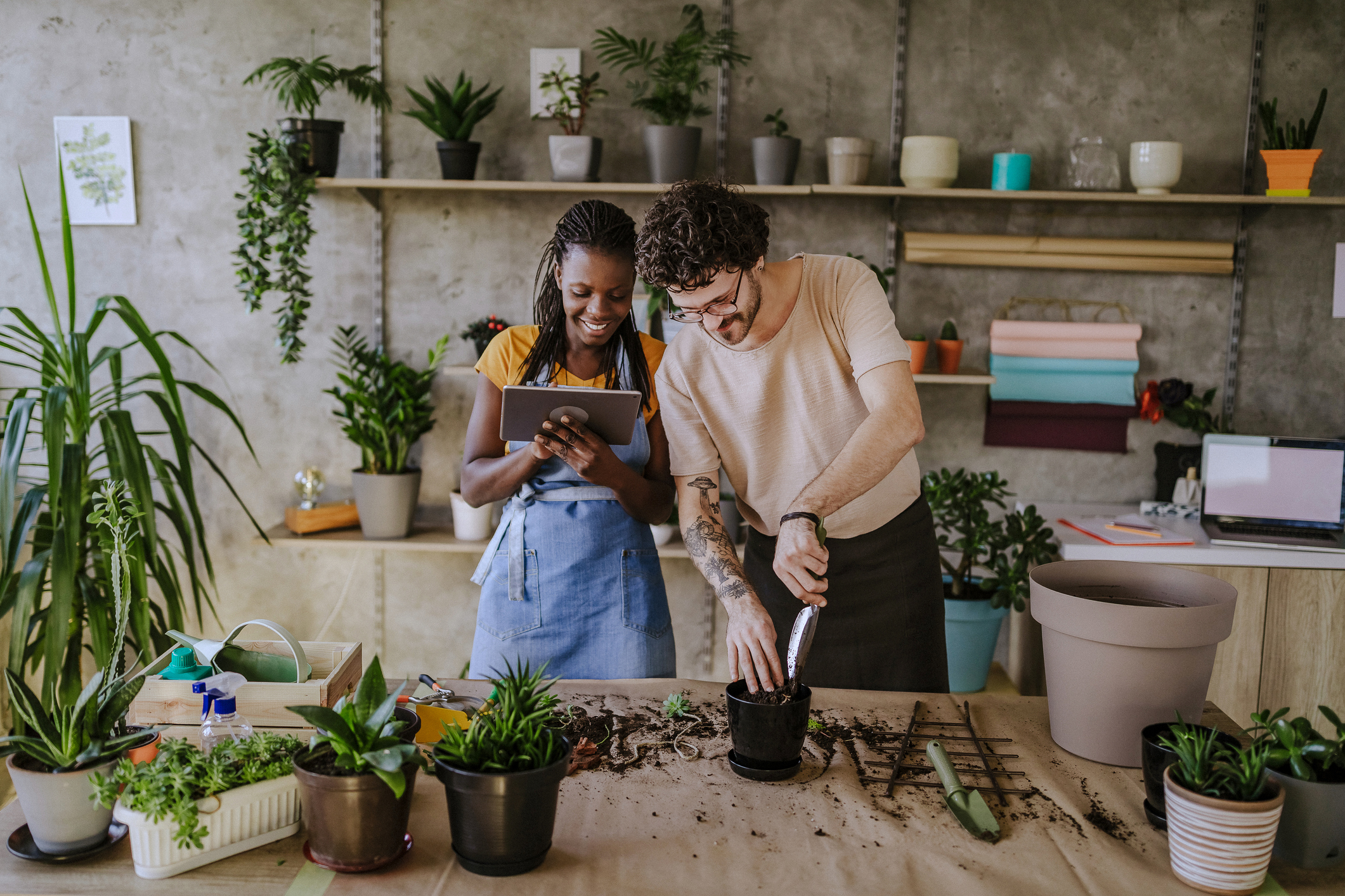 Small business owners running a florist