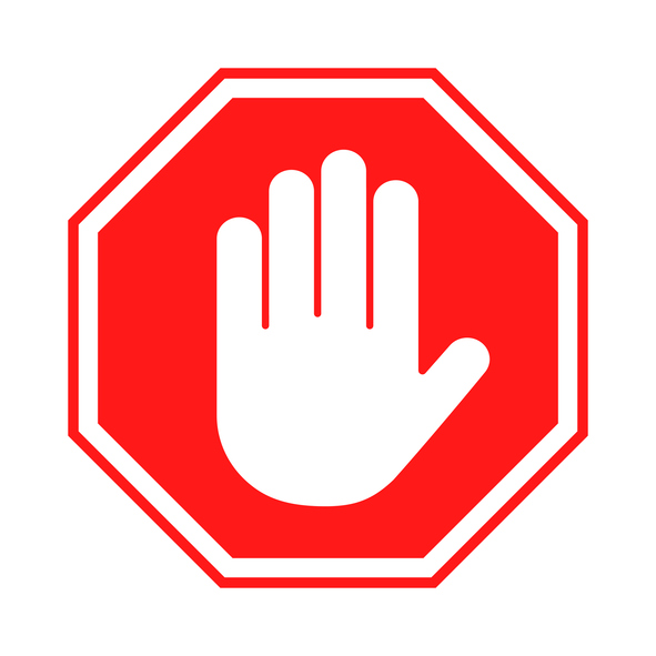 Stop sign. Red forbidding sign with human hand in octagon shape. Stop hand gesture, do not enter, dangerous